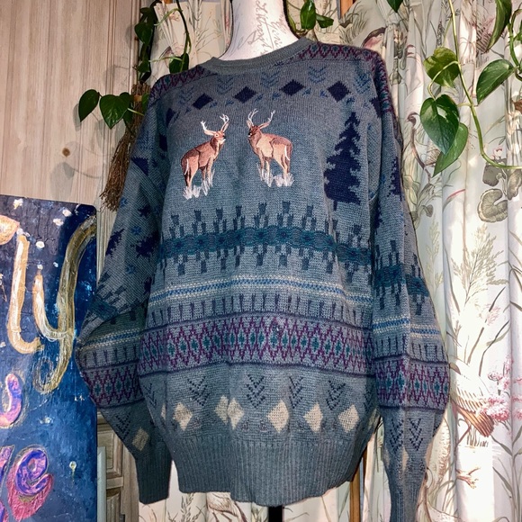 Vintage Pendleton 80s 90s Deer Buck Antlers Embroidered Wool Sweater Large - Picture 5 of 8